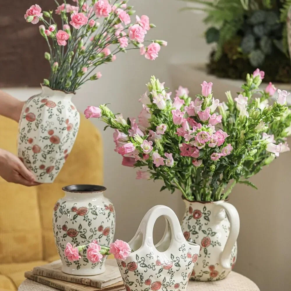 8.2 Inch Hand-Painted Roses With Ice Crackle Glaze Finish Vintage Ceramic Vase